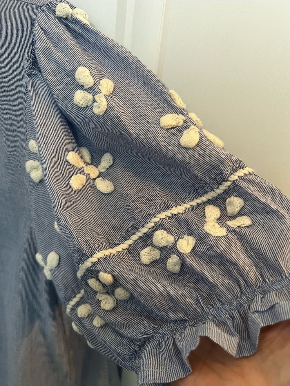 THML Blue & White Pinstripe Embroidered Floral Sleeve Cotton Top | Size L - Picture 5 of 8